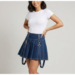 Hot Topic Indigo Suspender Pleated Skirt Size XS Stretch Denim Grommets Punk Y2K
